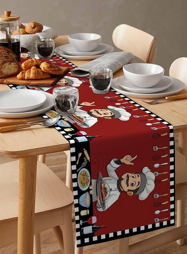 Red Chef Gourmet Cotton Linen Table Runner for Dining Kitchen, Wedding Outdoor Party Tablerunners Decoration, Black White Check Plaid Funny Kitchen Dresser Scarf Coffee Tablecloth Runners 13x48 Inches