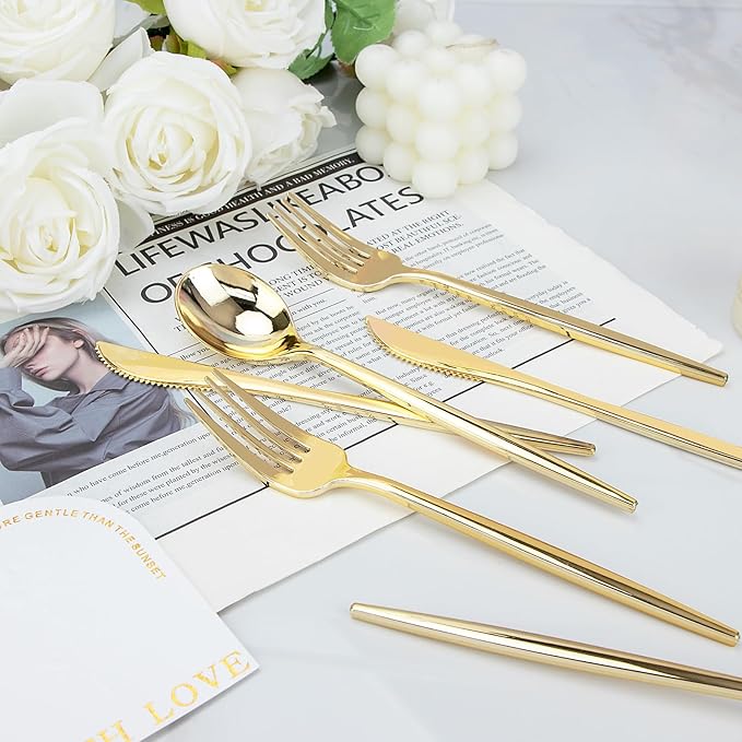 PULOTE 150PCS Gold Plastic Silverware Disposable - Heavy Duty Gold Plastic Cutlery - Gold Plastic Utensils Set Include 50 Knives,50 Forks,50 Spoons for Party&Wedding
