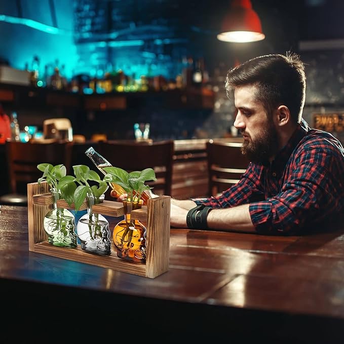 Terrarium Skull Propagation Vases, 3 Glass Bottles with Wood Stand