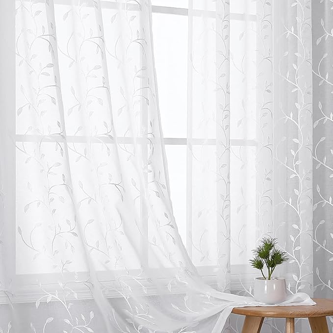 VISIONTEX White Sheer Voile Curtains, Decorative Leaves Embroidery Faux Linen Rod Pocket Window Drapes for Home Kitchen, Living Room and Bedroom 54 x 95 Inch, Set of 2 Curtain Panels