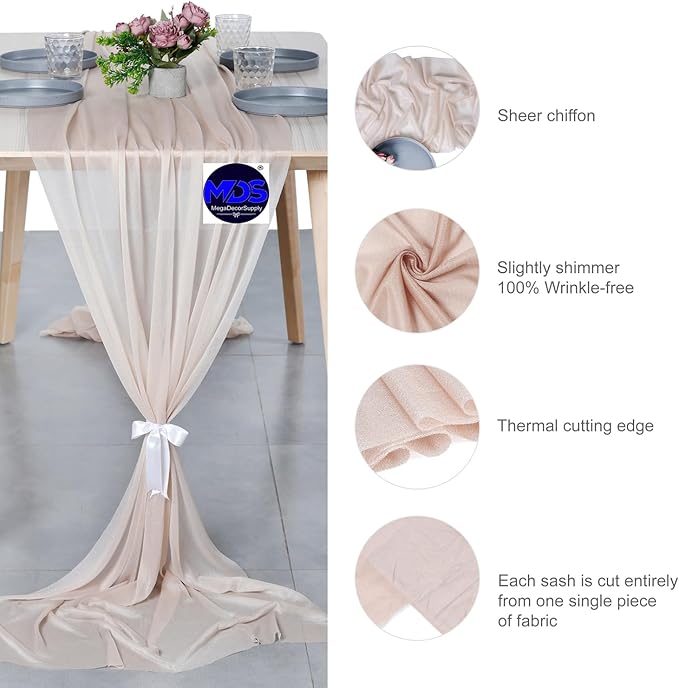 MDS 5 Pack 10ft Chiffon Table Runner 29 x 120 Inches Sheer Wedding Runner Romantic Rustic Table Runner for Wedding Decorations, Birthday Parties, Bridal Shower Party Arch Decor - Nude