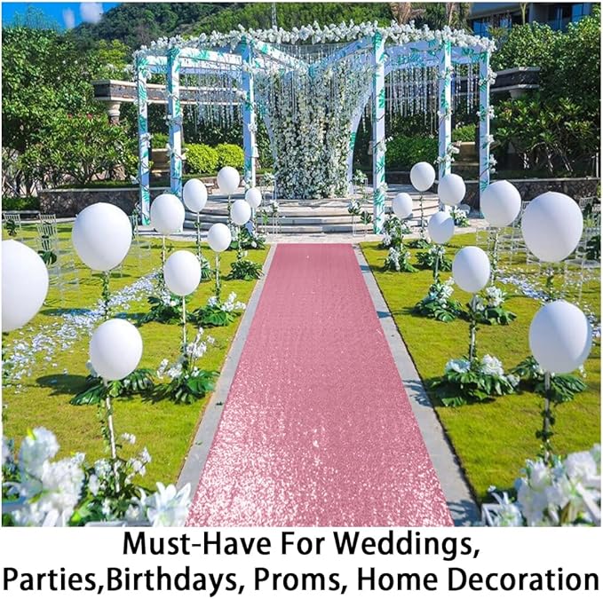 Aisle Runner 2 x 15 ft Pink Gold Sequin Mesh, Seamless