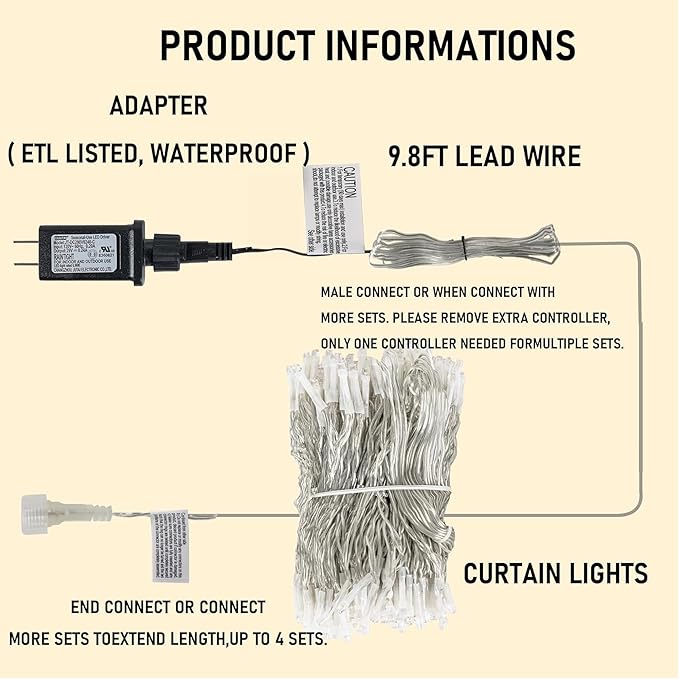 Dazzle Bright 300 LED Curtain String Lights, Christmas Fairy Lights for Bedroom with 8 Lighting Modes, Connectable Waterproof Window Lights Party Wedding Garden Wall Decor, White