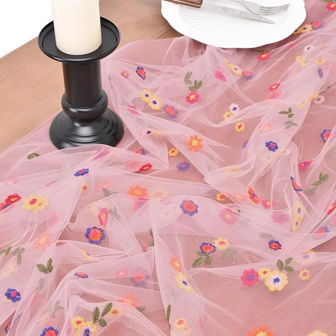 Joanlody Blushing Pink Embroidery Daisy Fall Thanksgiving Table Runner Florals Seasonal Tulle Table Runner Holiday Kitchen Dining Table Decoration for Home Party Indoor