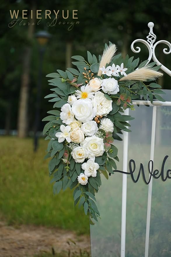 Artificial Wedding Arch Flower Swags, 2-Pack, Cream Champagne Silk Rose Decor