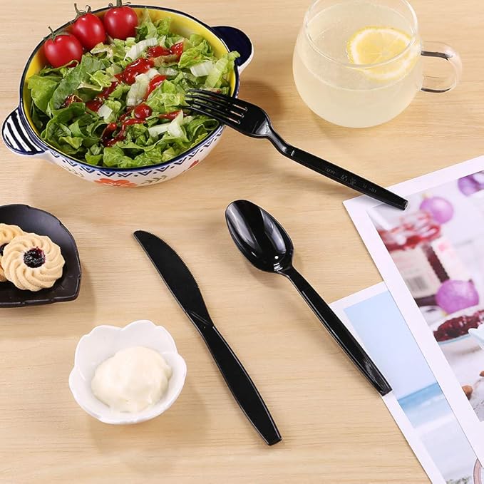 Disposable Plastic Spoons, 7-Inch Black, 100 Individually Packaged