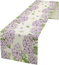 Watercolor Hydrangea Flower Table Runner, Spring Summer Seasonal Plants Butterfly Pink Lavender Dinner Runner for Home Kitchen Dining Table Party Holiday Decoration 13"x36"