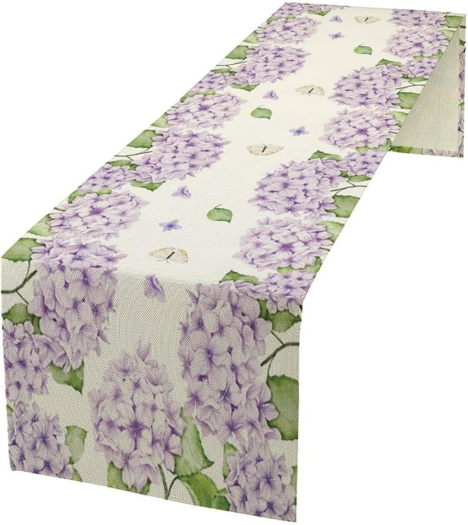 Watercolor Hydrangea Flower Table Runner, Spring Summer Seasonal Plants Butterfly Pink Lavender Dinner Runner for Home Kitchen Dining Table Party Holiday Decoration 13"x120"