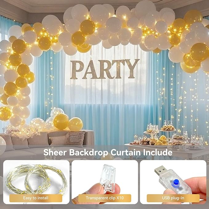 10×8ft Tulle Backdrop Curtains with Lights String - 300LED Fairy Lights Sheer Curtain Backdrop for Weddings Baby Shower and Birthday Party Decorations( 2 Panels 5×8ft)