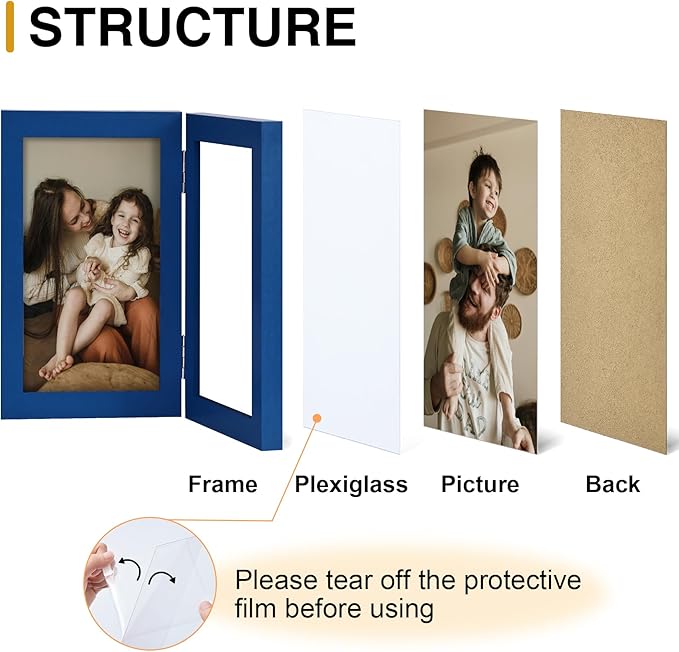 decorUhome Double 5x7 Picture Frame Vertical, Engineered Wood Bifold Photo Frame with Plexiglass for Tabletop Display, 5x7, Royal Blue
