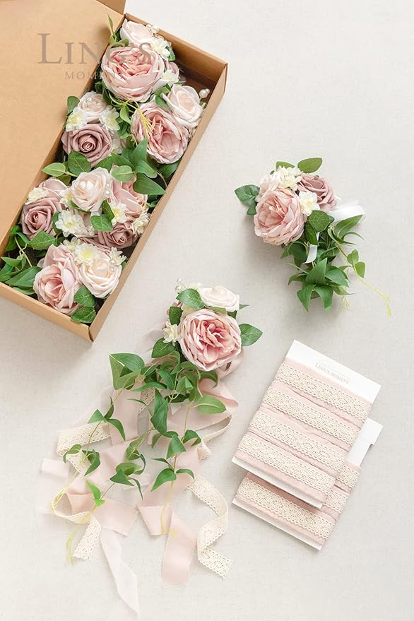 Artificial Flowers for Wedding Aisles, 8 Pieces in Dusty Rose with Ribbon Cards