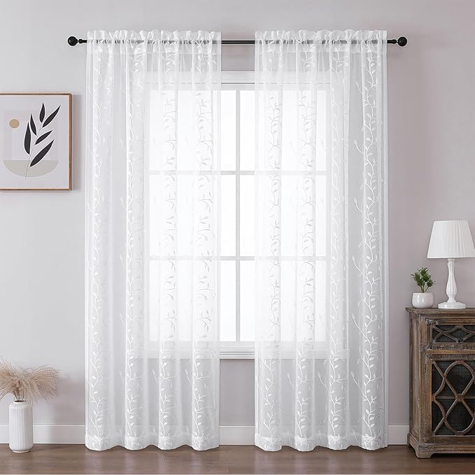 VISIONTEX White Sheer Voile Curtains, Decorative Leaves Embroidery Faux Linen Rod Pocket Window Drapes for Home Kitchen, Living Room and Bedroom 54 x 95 Inch, Set of 2 Curtain Panels