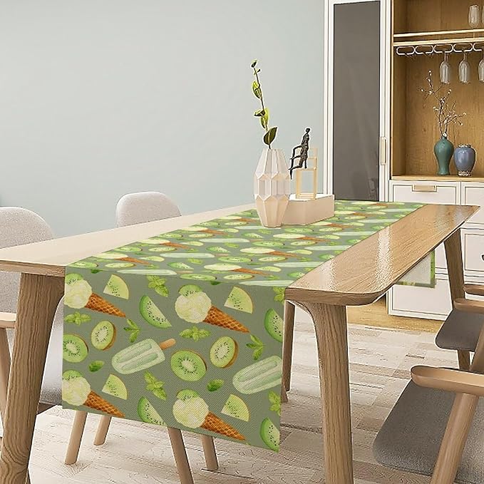 Summer Ice Cream Popsicles Table Runner, Watercolor Green Kiwi Seasonal Fruit Sweet Dessert Dinner Runner for Party Holiday Home Kitchen Dining Table Decor 13"x120"
