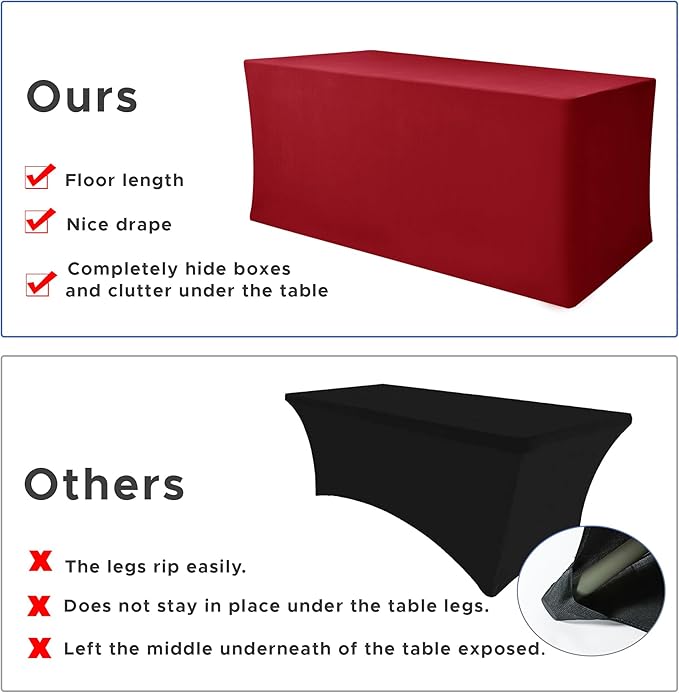Nasitos Fitted Red Tablecloths for 8 Foot Tables - 96 x 30 Inch - 2 Pack Stretch Spandex Rectangle Table Clothes, Fabric Table Covers for Parties, Trade Show, Craft Show, Birthday