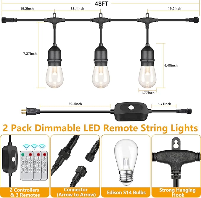 String Lights 48 ft Outdoor LED Edison Bulbs with Dimmable Remote