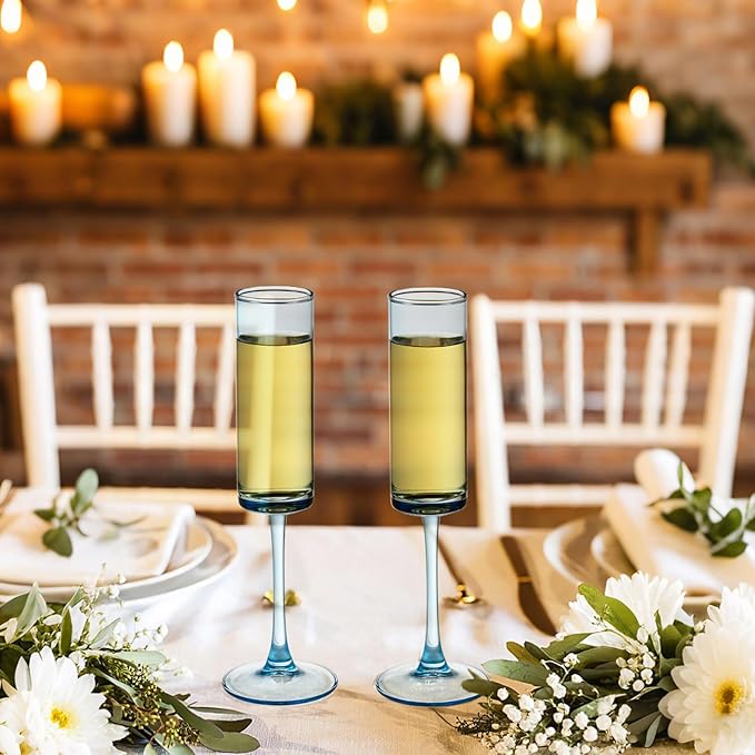 6 Pieces Blue Champagne Flutes 6 OZ Straight Sided Wine Glasses Champagne Long Stem Drinking Colored Glasses,Set of 6 Hand Blown Champagne Flutes Goblets for Wedding Cocktail Cups,Cava, Prosecco
