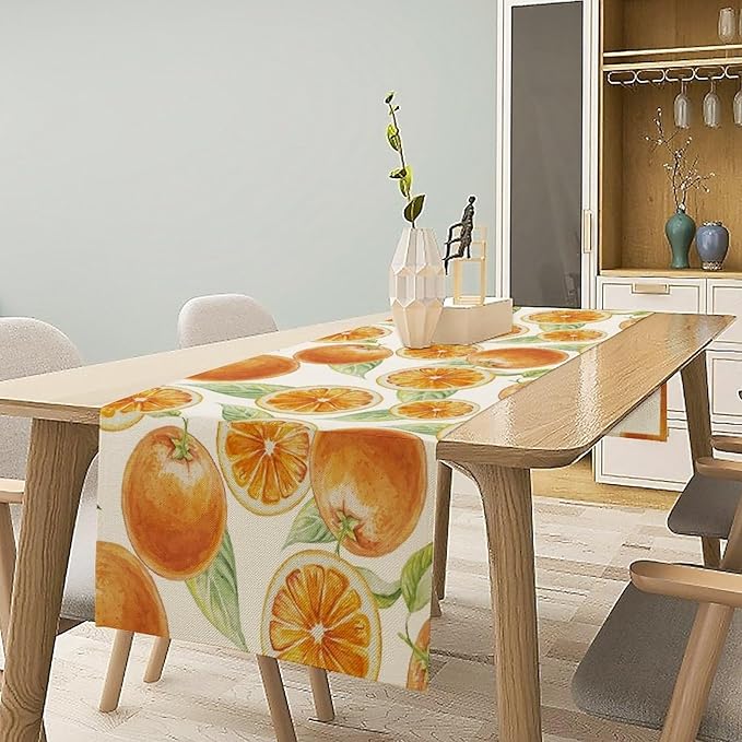Spring Summer Orange Table Runner Watercolor Sweet Fruit Botanical Print Dinner Runner for Farmhouse Party Holiday Home Kitchen Dining Table Decor 13x108