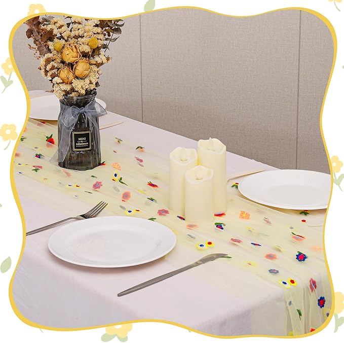 BINBE 3pcs Daisy Fall Table Runner Embroidery Gauze 10FT Florals Seasonal Tulle Holiday Birthday Kitchen Dining Table Decor for Home Party Yellow
