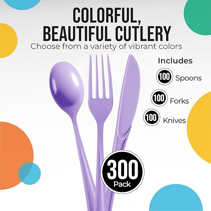 Plastic Cutlery Set, 300 Pieces, Lavender Disposable Forks, Spoons and Knives