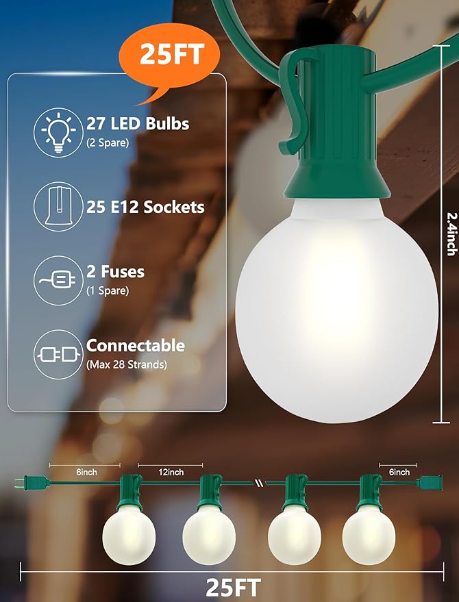 String Lights: 25 Ft G40 Globe, 27 Frosted White LED Bulbs