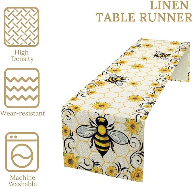 Bee Sunflower Table Runner, Farmhouse Orange Honeycomb Vintage Spring Summer Flowers Print Table Cover for Party Wedding Home Kitchen Dining Table Decor, 13x36inch