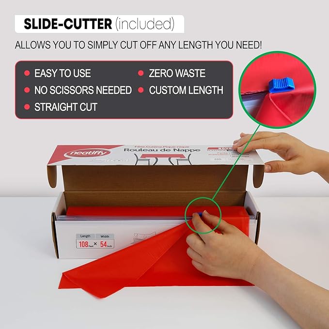 Red Plastic Table Cover Roll with Slide Cutter, 54 x 1296 Inch