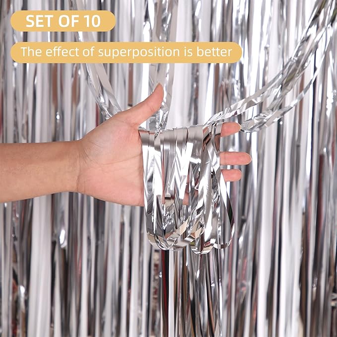 10 Pack Silver Backdrop Curtain 3.2ft x 8.2ft Metallic Tinsel Foil Fringe Curtains Photo Booth Background for Birthday Party Decoration Baby Shower Engagement Wedding Christmas Decoration (Silver)