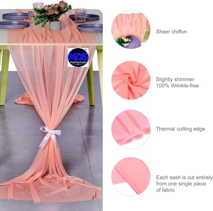 MDS Halloween Chiffon Table Runner - 5 Pack, 29 x 170 Inches, 14ft Each - Sheer Spooky Table Runners for Haunted House Parties, Trick-or-Treat Tables, Witchy Décor, Wedding & Events - Peach