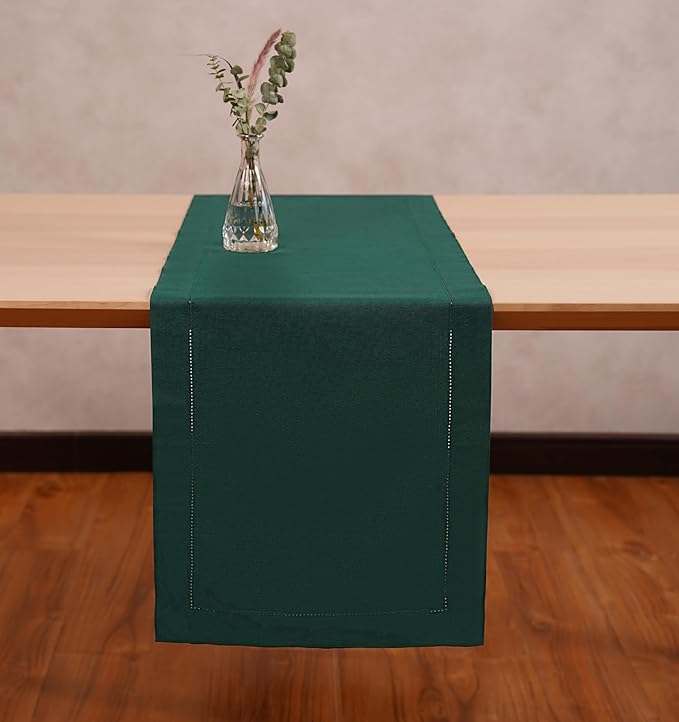 Linen Table Runner 14 x 90 Inch Long - 100% Pure Linen Christmas Green Table Runner - Cloth Fabric Hemstitch Runner for Thanksgiving, Christmas, Winter, New Year - Elara