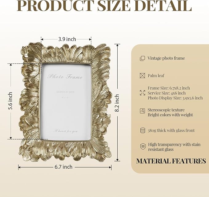 Cuspin Vintage Picture Frame 4x6 Frames, Gold Palm Leaves Textured Hand-Crafted Resin with Glass Front Elegant Retro Vintage Design Photo Frame for Wall and Tabletop Display Home Decor