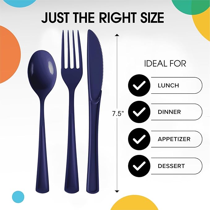 Spoons and Cutlery Set, Navy Plastic, 300 Count, Heavy Duty