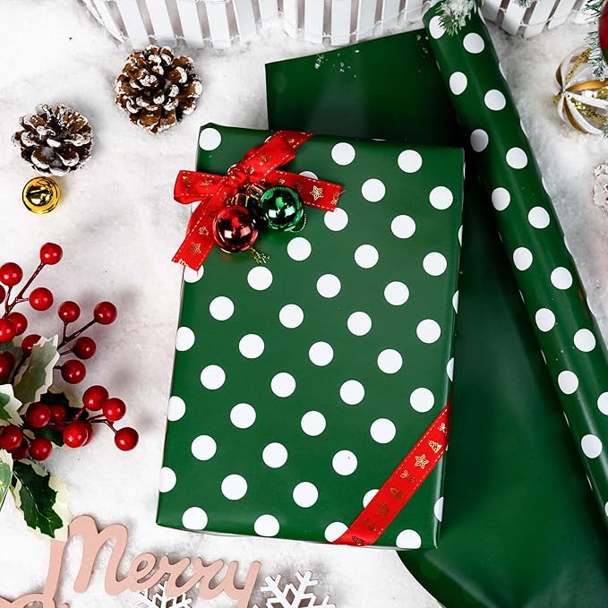 Burymento Green and White Dots Wrapping Paper, Reversible Pink Gift Wrap for Birthday, Valentines, Mothers day, Graduation, Wedding, Fathers day, Baby Shower, Christmas (17in x 32.8ft)