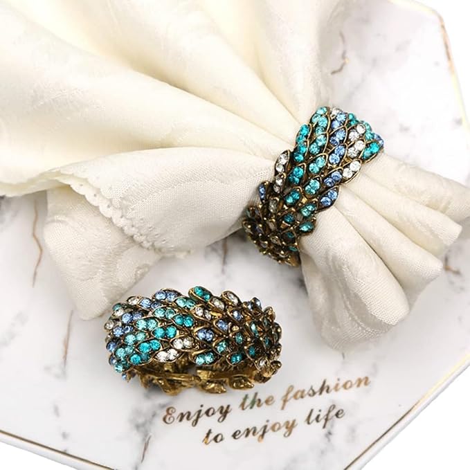 Jeweled Napkin Rings Set of 12 - Vintage Metal Crystal Rustic Peacock Napkin Ring Holders for Wedding Party Holiday, a Beautiful Dinner Table Décor (Multicolor) (12)