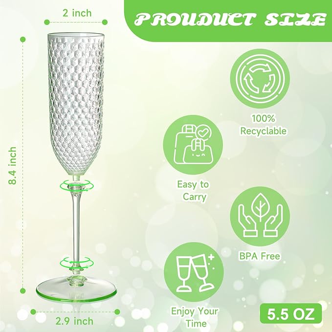 Green Detachable 2-Piece Plastic Champagne Glasses, 5.5 oz Reusable