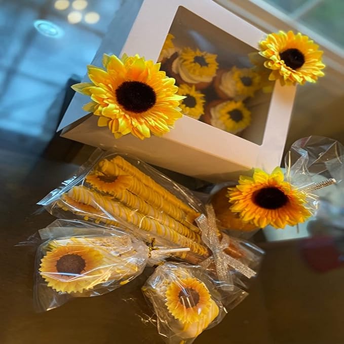 GEORLD Edible Cake Topper Wafer Sunflower Cupcake Decoration by Wafer Paper,36 Counts,Flat not 3D