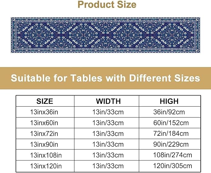 Boho Floral Vintage Table Runner, Retro Morris Abstract Blue Flower Rustic Country Farmhouse Pattern for Home Kitchen Table Decor Dining Coffee Room Wedding Party Decor 13x90in