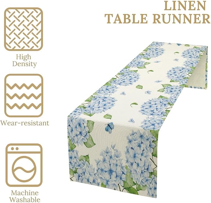 Watercolor Hydrangea Flower Table Runner, Spring Summer Seasonal Plants Butterfly Blue Dinner Runner for Home Kitchen Dining Table Party Holiday Decoration 13"x70"