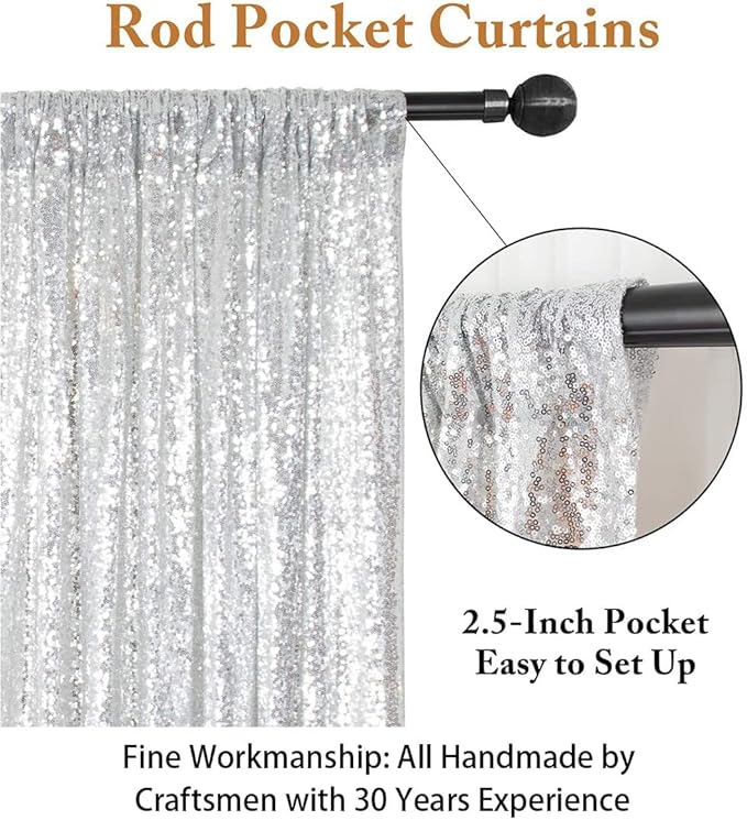 Sequin Backdrop Curtain - Silver, 10 ft x 10 ft, Rod Pocket Design