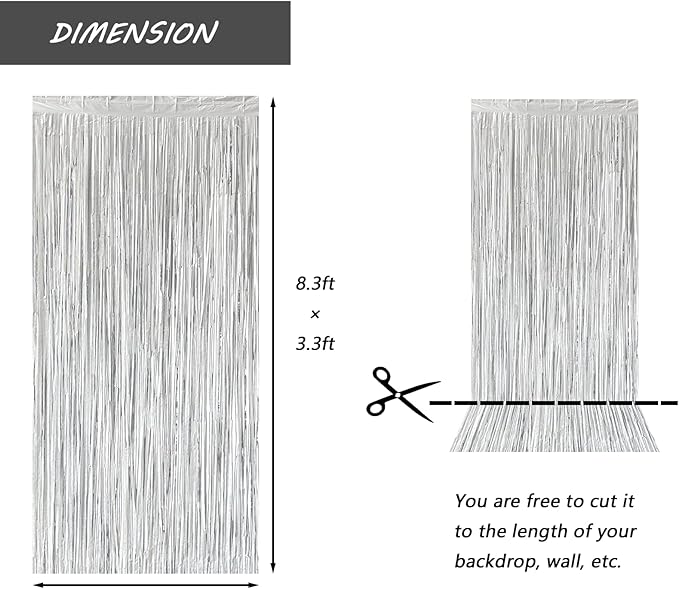 Silver Foil Fringe Curtain 3.3×8.3FT 2 Packs, Metallic Tinsel Curtains Party Streamers for Birthday Graduation Baby Shower Decoration (2pcs,3.3FT×8.3FT, Silver)