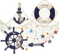Marsui 11 Pcs Wooden Nautical Wall Decor Fishing Net Decoration, Include Decorative Fishing Net, Ship wheel, Fish Skeleton, Life Ring, Anchor, Starfish Beach Decor for Mediterranean Party (Khaki)