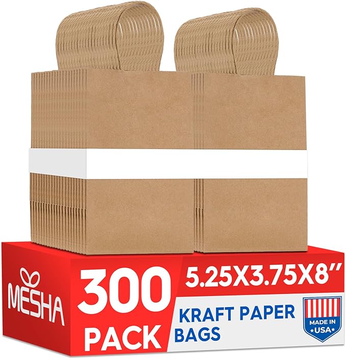 Gift Bags, Brown Kraft Paper, 5.25 x 3.75 x 8 Inch, Pack of 300