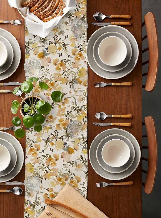 Vintage Orange Flower Cotton Linen Table Runner for Dining Kitchen, Wedding Outdoor Party Tablerunners Decoration, Farmhouse Botanical Floral Retro Dresser Scarf Coffee Tablecloth Runners 13x60 Inches