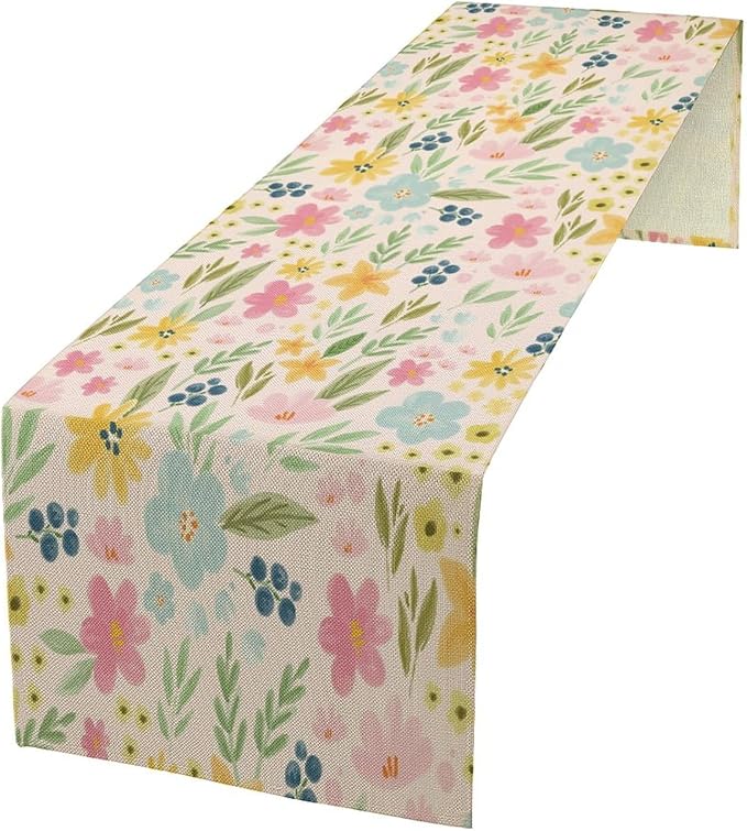 Floral Table Runner, Boho Style Watercolor Flower Green Leaf Plant Rectangle Table Decoration for Dining, Party, Holiday,13in（33cm） W * 60in（152cm） L