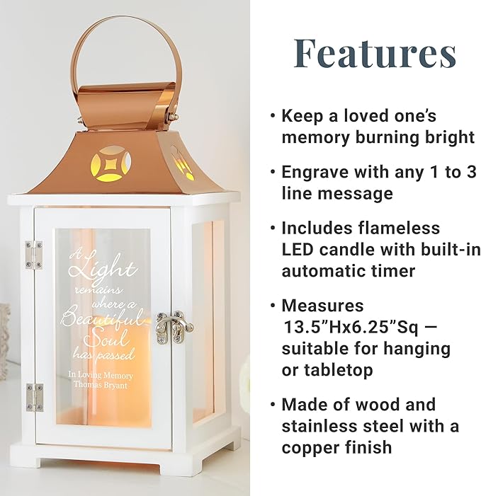 Decorative Candle Lantern for Memorials, Copper Finish Wood and Steel, LED