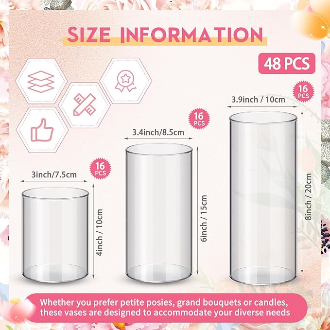 Cylinder Vases, 48 Pack Clear Plastic in 3 Sizes for Floral Centerpieces
