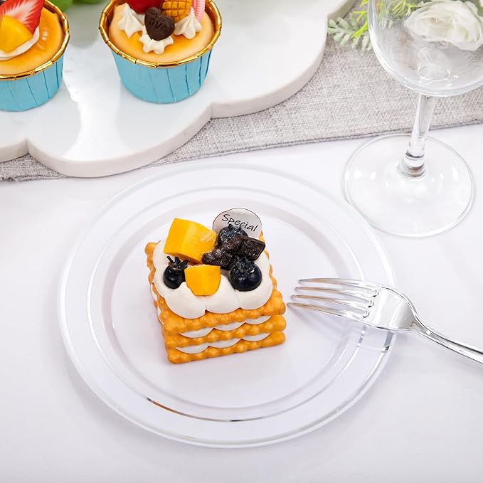 Plates Set with Silver Rim, White Plastic, 300 Pieces Total