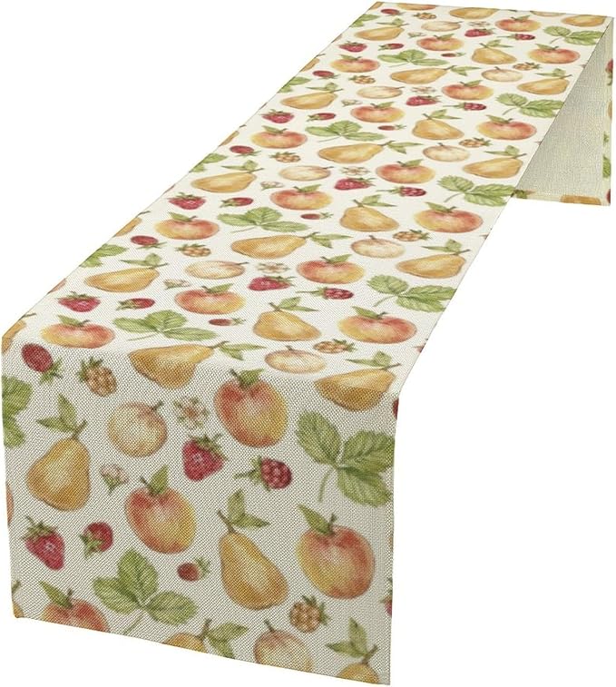 Vintage Spring Summer Fruit Table Runner Watercolor Pear Strawberry Leaves Dinner Runner for Farmhouse Party Holiday Home Kitchen Dining Table Decor 13x108