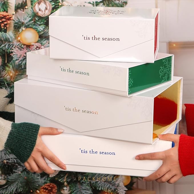 PACKHOME 6 Christmas Gift Boxes 13x9.7x3.4 Inches, Large Gift Boxes with Lids, Sturdy Shirt Boxes with Magnetic Lids for Wrapping Gifts (Gold Snowflake Pattern)