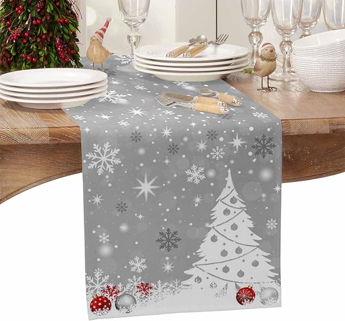 Christmas Snowflakes Cotton Linen Table Runner for Dining Kitchen, Xmas Tree Snow Winter Wedding Outdoor Party Tablerunners Decoration, Grey Balls Dresser Scarf Coffee Tablecloth Runners 13x72 Inches