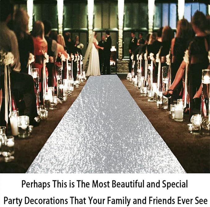 Aisle Runner, Silver Sequin, 3 x 15 Ft for Indoor and Outdoor Weddings